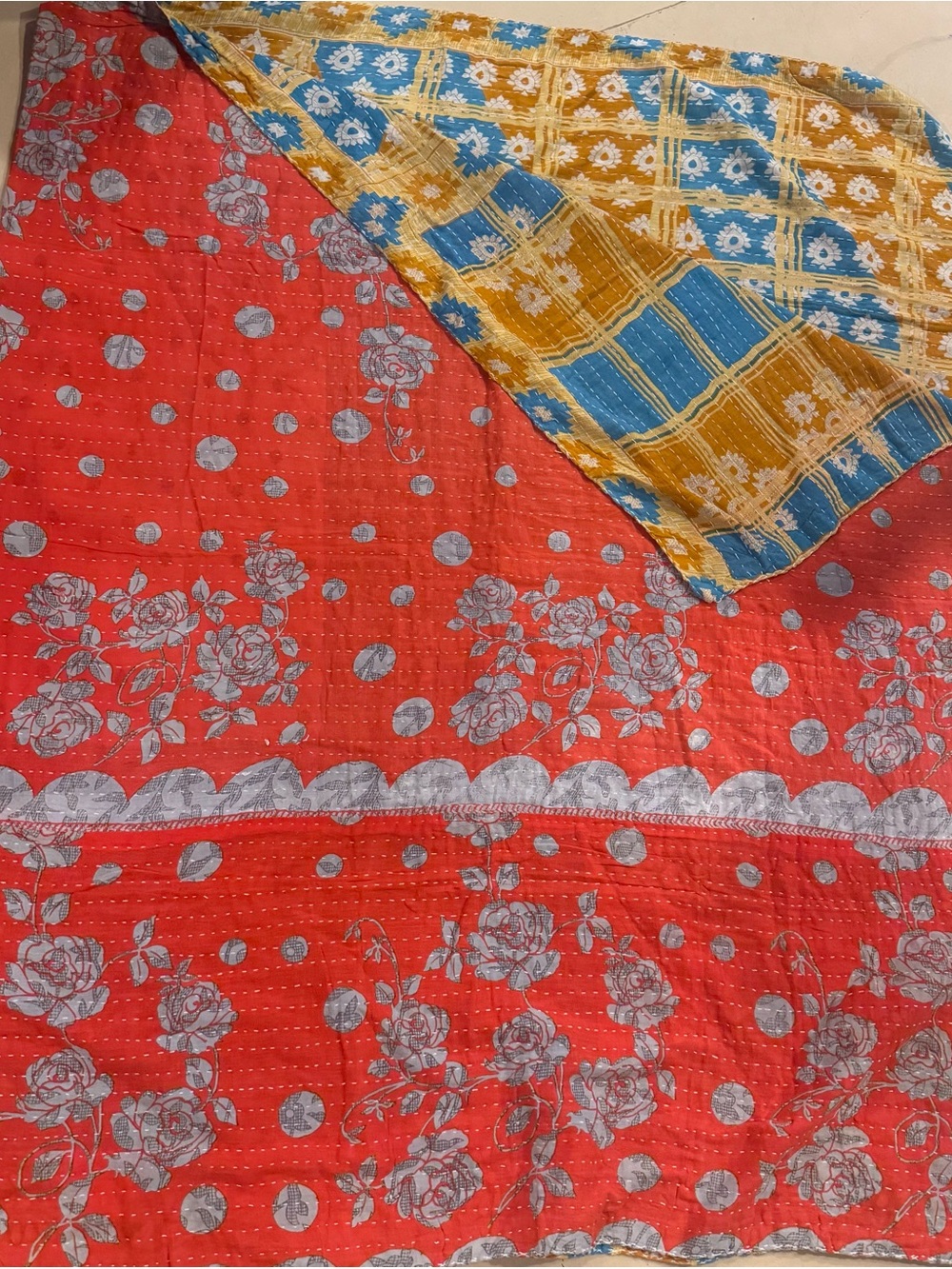 KAnTHA Reversible Floral Patchwork Quilt Throw in Red, Blue & Yellow Vintage